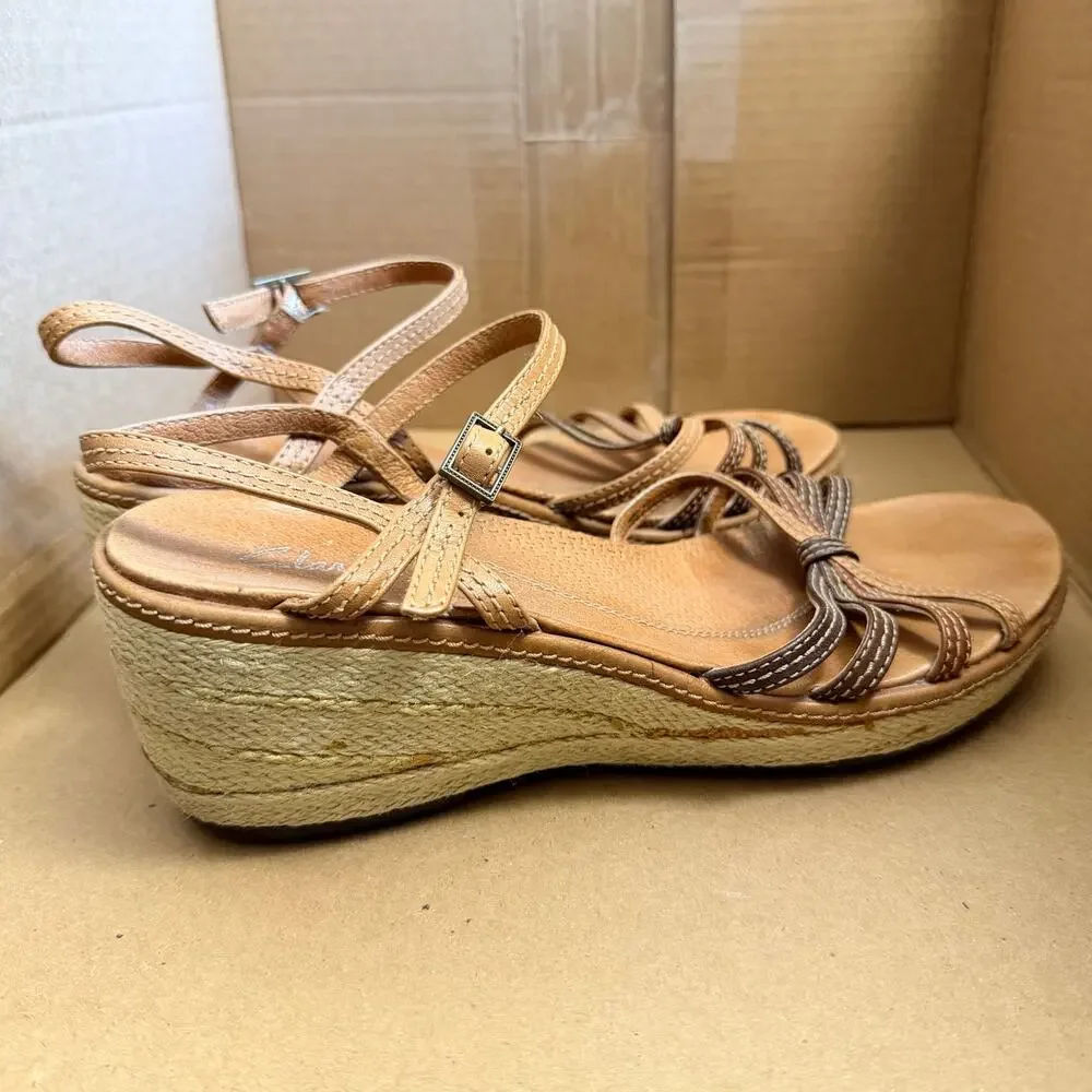 Clarks Artisan Womens 8.5 Wedge Espadrille Sandals Leather Ankle Strap Comfort